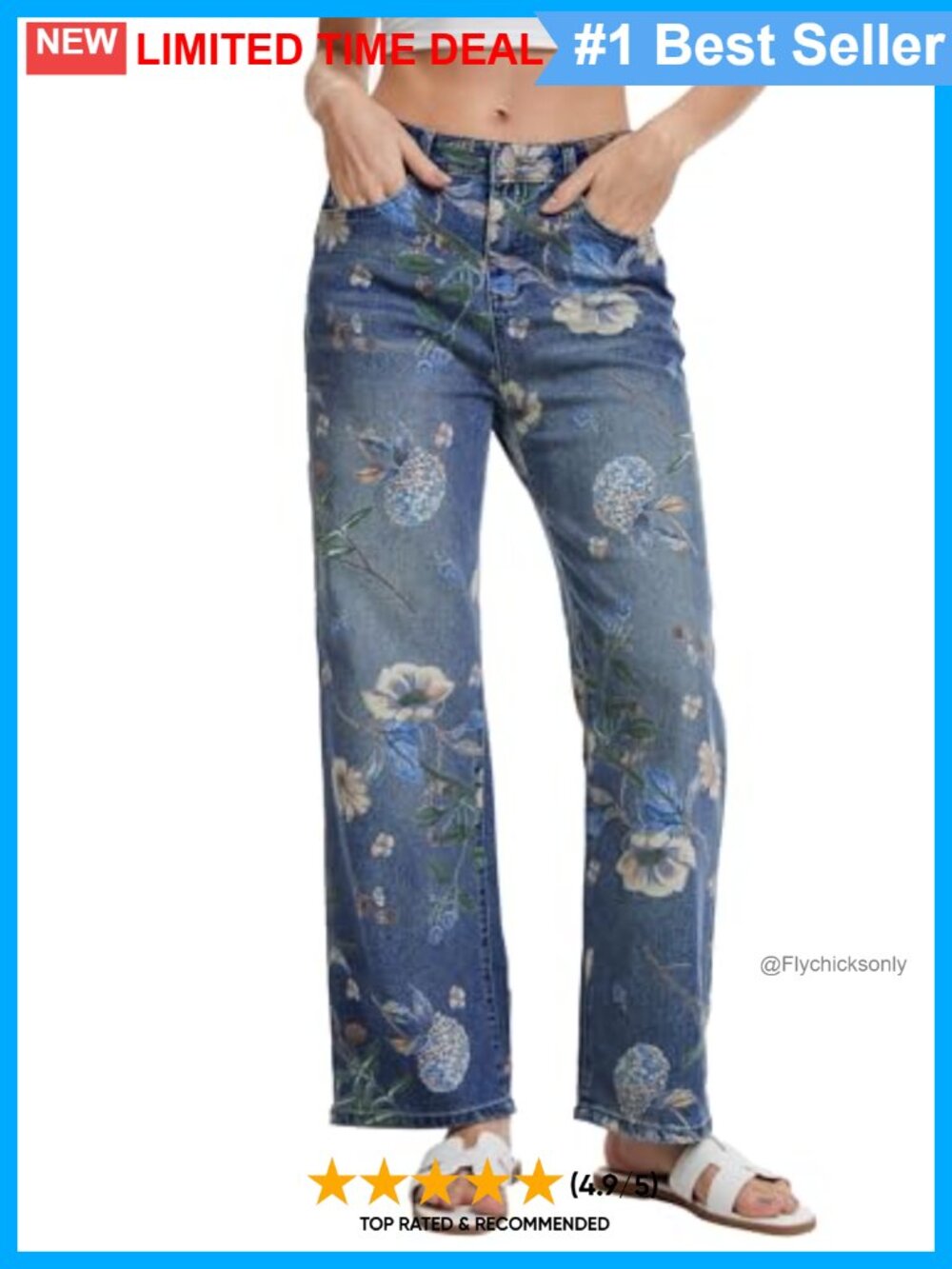 Vintage Floral High Rise Wide Leg Stretchy Jeans Women 90s Casual Denim